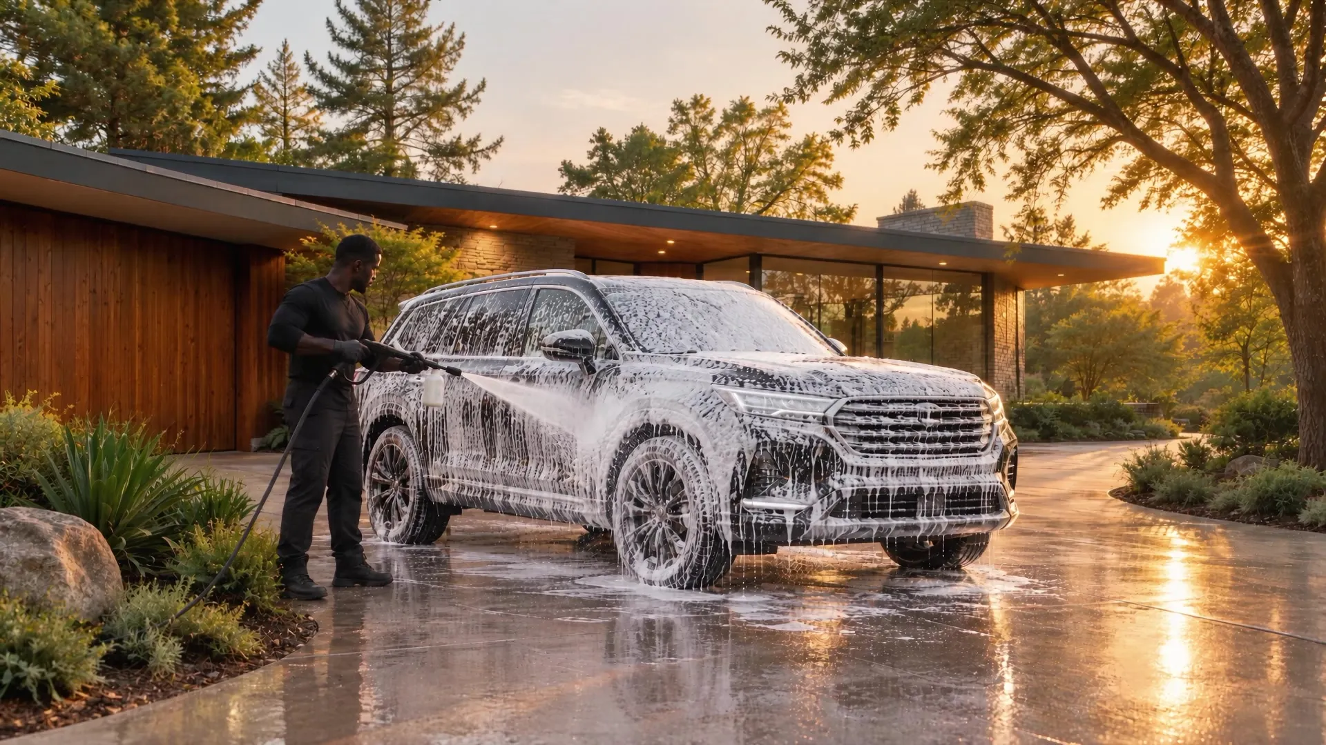 A detailer foaming a black SUV in the driveway of a mid-century modern home at golden hour